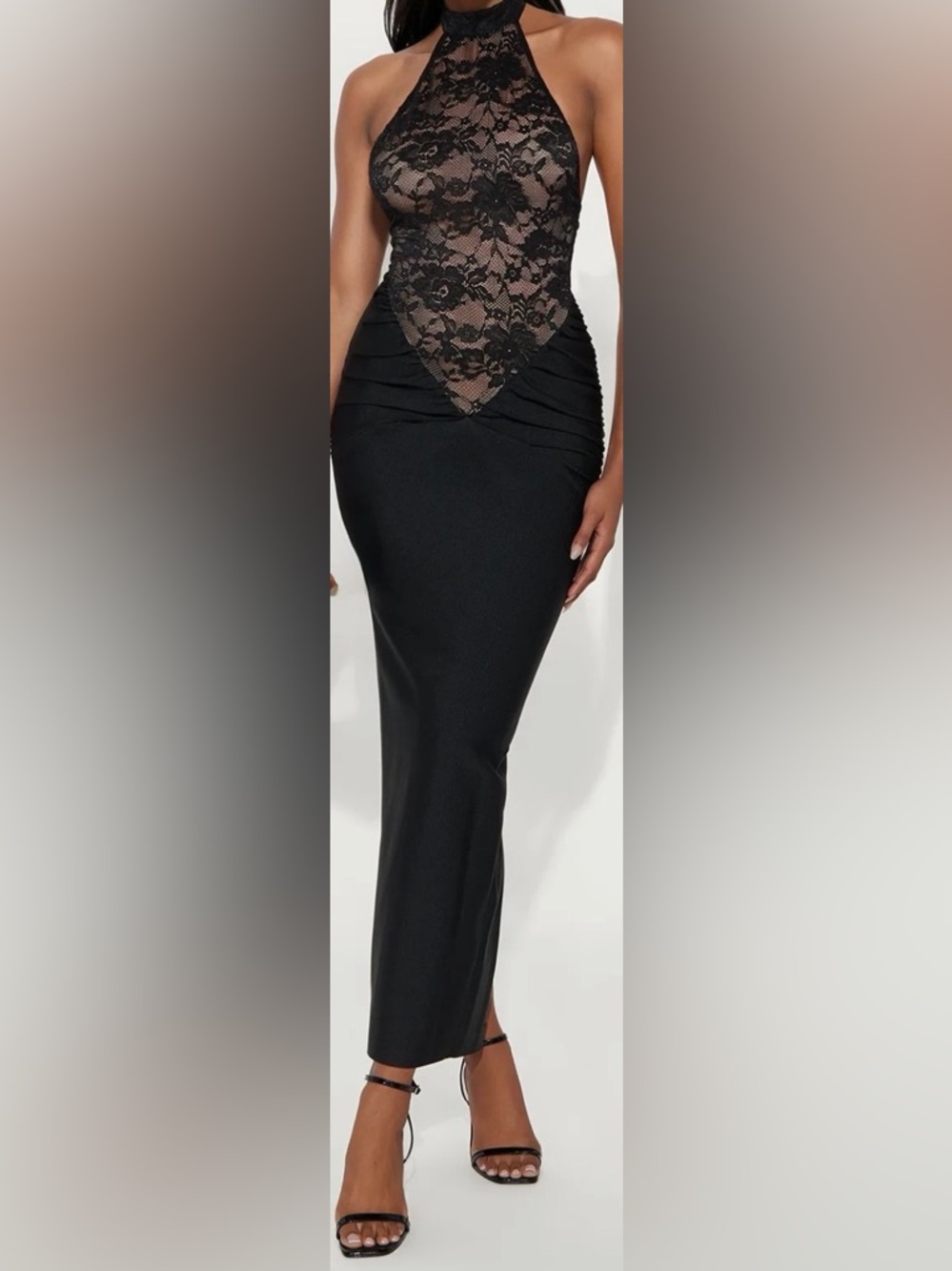Backless Black Lace Halter Evening Dress